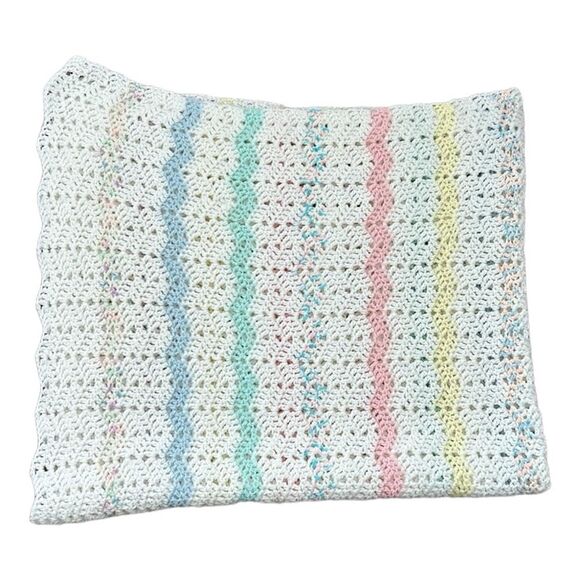 Vintage Other - Vintage Handknit Baby Girl Boy Stripped White Pink Blanket